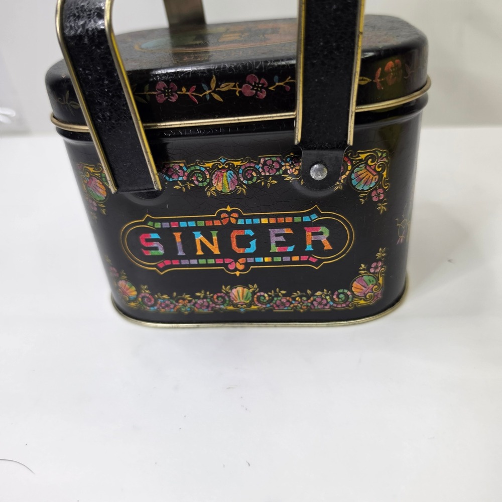 Vintage Singer Sewing Machine Tin Basket Small Advertising Litho Box with Thread
